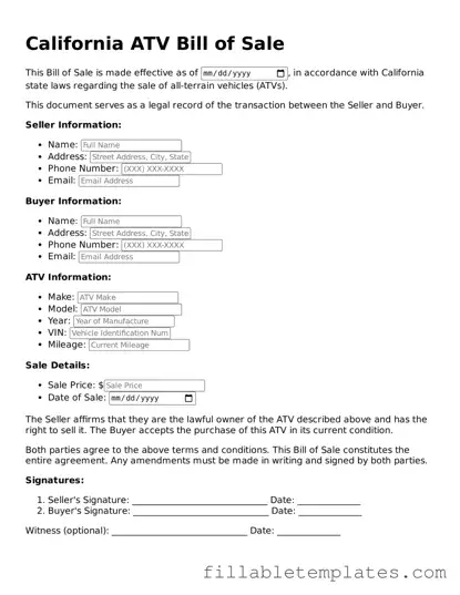 Printable ATV Bill of Sale Form for the State of California