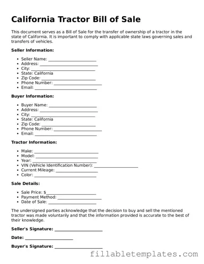Printable Tractor Bill of Sale Form for the State of California