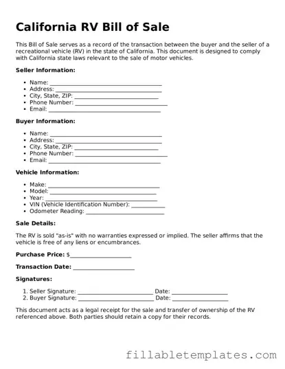 Printable RV Bill of Sale Form for the State of California