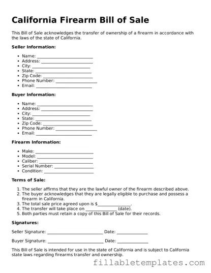 Printable Firearm Bill of Sale Form for the State of California