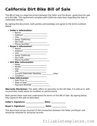 Printable Dirt Bike Bill of Sale Form for the State of California