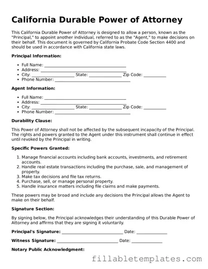 Printable Durable Power of Attorney Form for the State of California