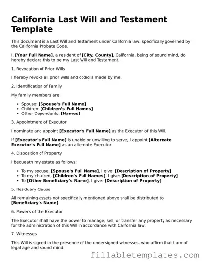 Printable Last Will and Testament Form for the State of California
