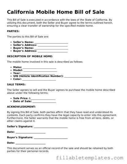 Printable Mobile Home Bill of Sale Form for the State of California
