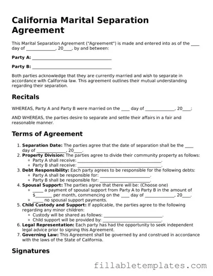 Printable Marital Separation Agreement Form for the State of California