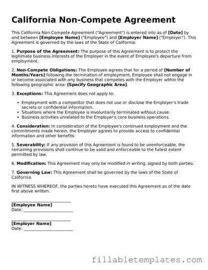 Printable Non-compete Agreement Form for the State of California