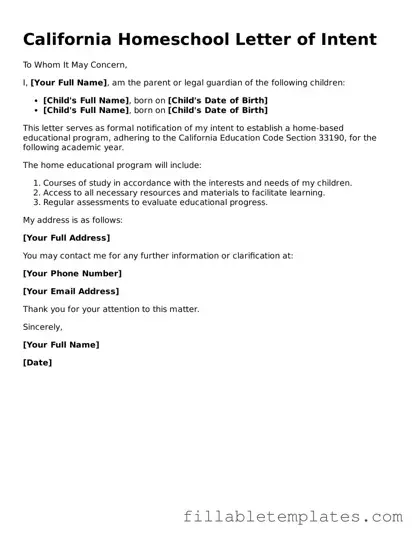 Printable Homeschool Letter of Intent Form for the State of California