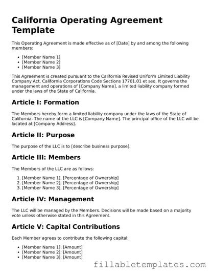 Printable Operating Agreement Form for the State of California