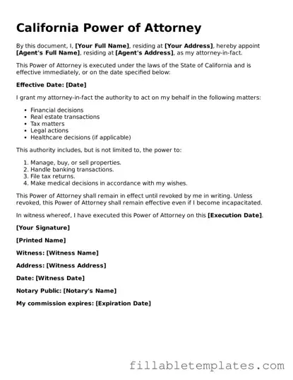 Printable Power of Attorney Form for the State of California