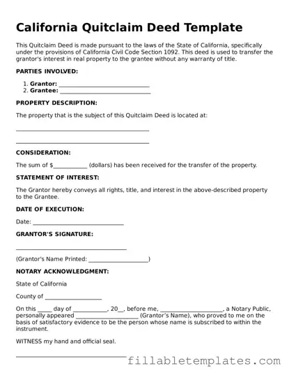 Printable Quitclaim Deed Form for the State of California
