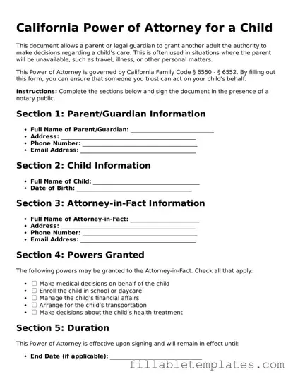 Printable Power of Attorney for a Child Form for the State of California