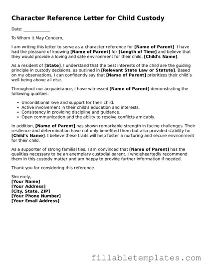 Printable Character Reference Letter for Child Custody Form