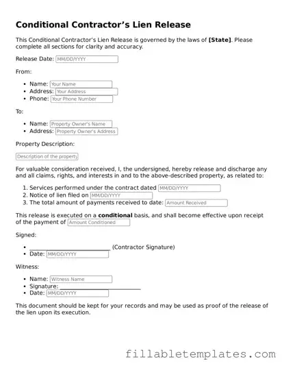 Printable Conditional Contractor’s Lien Release Form