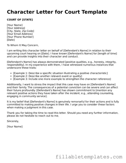 Printable Character Letter for Court Form
