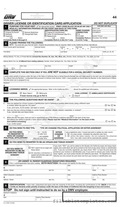 Official Ca Dmv Dl 44 Template in PDF