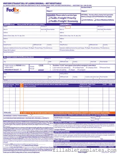 Official Fedex Bill Of Lading Template in PDF