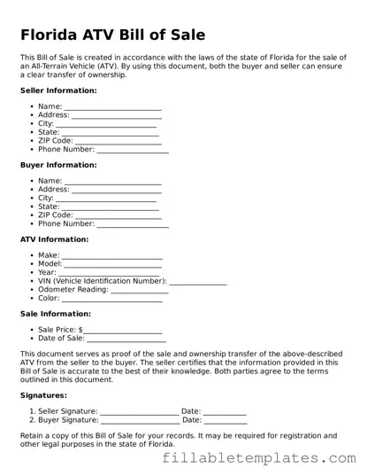 Printable ATV Bill of Sale Form for the State of Florida
