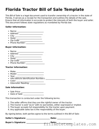 Printable Tractor Bill of Sale Form for the State of Florida