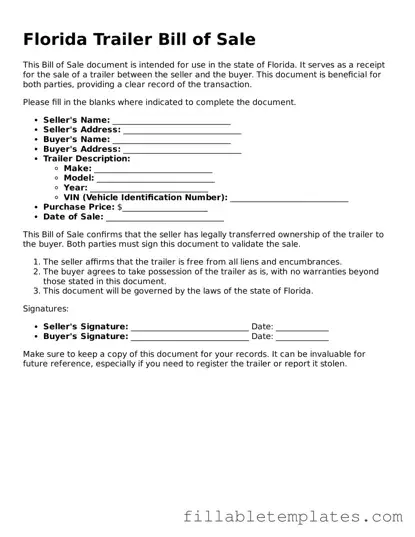 Printable Trailer Bill of Sale Form for the State of Florida