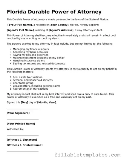 Printable Durable Power of Attorney Form for the State of Florida