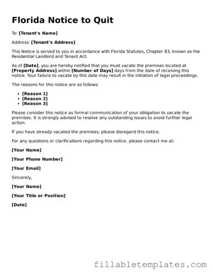 Printable Notice to Quit Form for the State of Florida