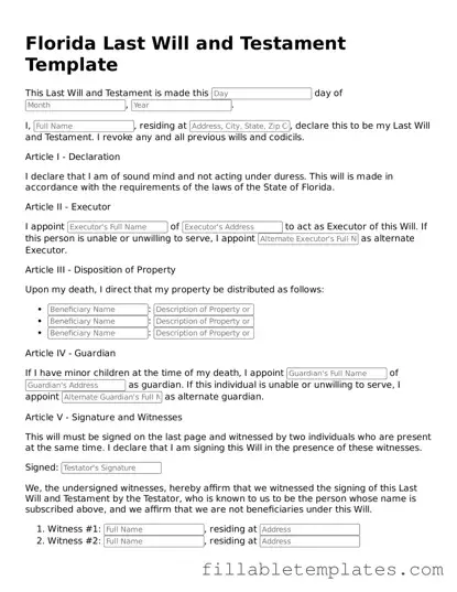Printable Last Will and Testament Form for the State of Florida