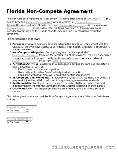 Printable Non-compete Agreement Form for the State of Florida