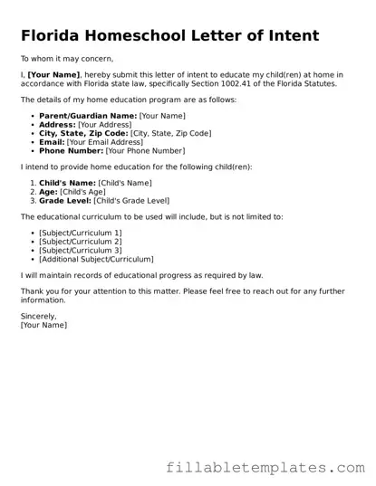Printable Homeschool Letter of Intent Form for the State of Florida