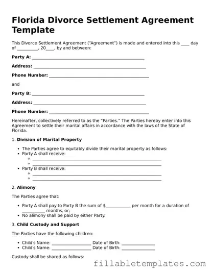 Printable Divorce Settlement Agreement Form for the State of Florida