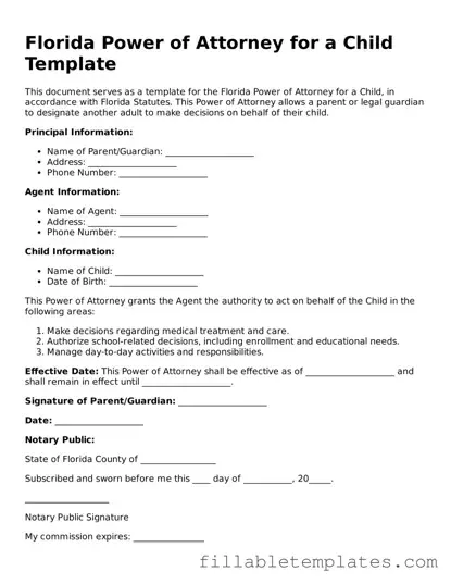 Printable Power of Attorney for a Child Form for the State of Florida
