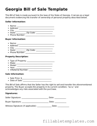 Printable Bill of Sale Form for the State of Georgia