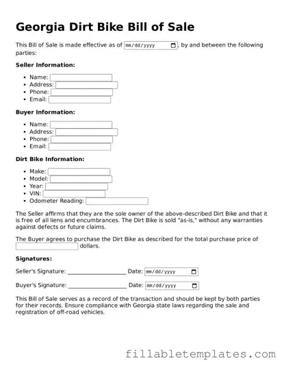 Printable Dirt Bike Bill of Sale Form for the State of Georgia