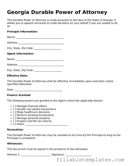 Printable Durable Power of Attorney Form for the State of Georgia