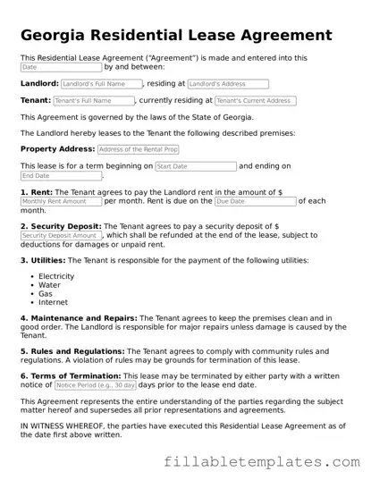 Printable Residential Lease Agreement Form for the State of Georgia