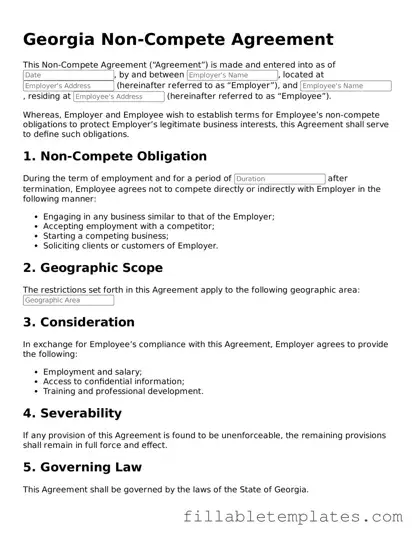 Printable Non-compete Agreement Form for the State of Georgia