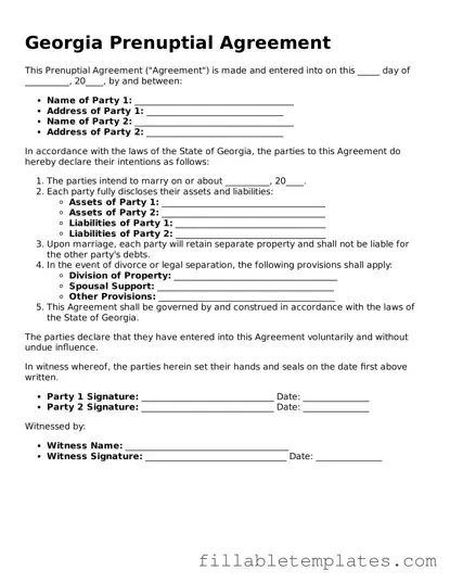 Printable Prenuptial Agreement Form for the State of Georgia