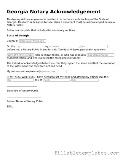 Printable Notary Acknowledgement Form for the State of Georgia