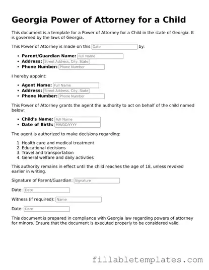 Printable Power of Attorney for a Child Form for the State of Georgia