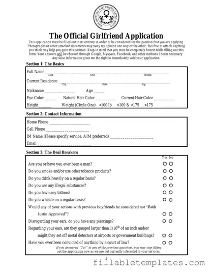 Official Girlfriend Application Template in PDF