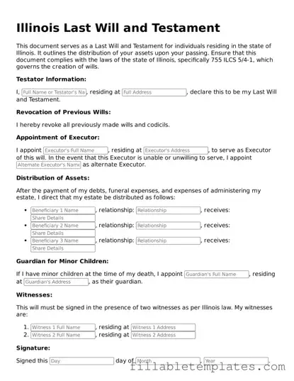 Printable Last Will and Testament Form for the State of Illinois