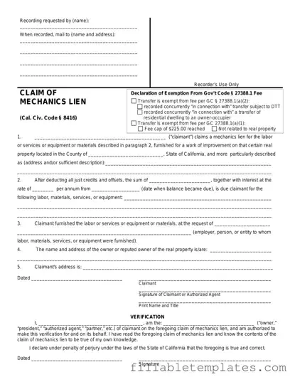 Official Mechanics Lien California Template in PDF