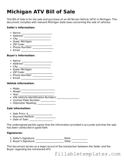 Printable ATV Bill of Sale Form for the State of Michigan