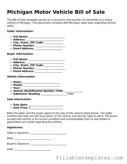 Printable Motor Vehicle Bill of Sale Form for the State of Michigan