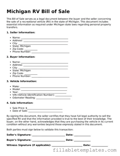 Printable RV Bill of Sale Form for the State of Michigan