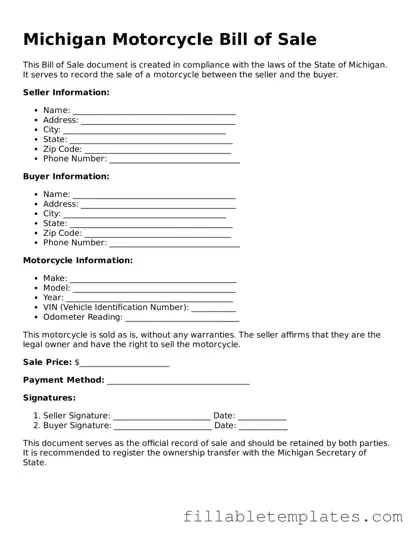 Printable Motorcycle Bill of Sale Form for the State of Michigan