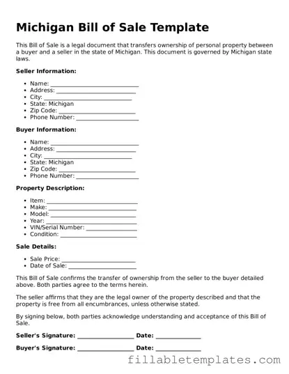 Printable Bill of Sale Form for the State of Michigan