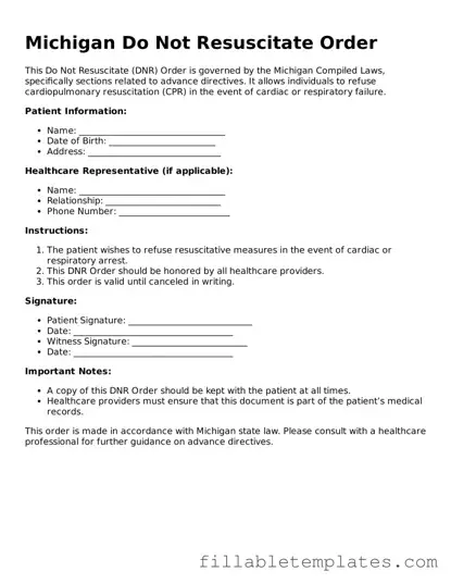 Printable Do Not Resuscitate Order Form for the State of Michigan