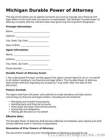 Printable Durable Power of Attorney Form for the State of Michigan