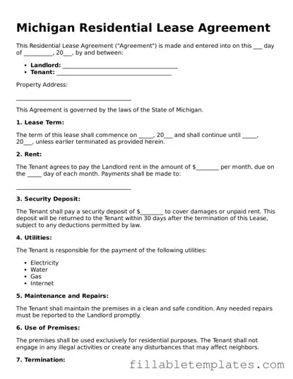 Printable Residential Lease Agreement Form for the State of Michigan
