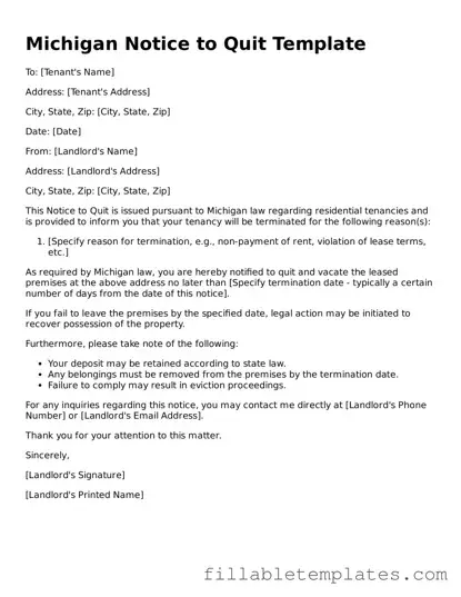 Printable Notice to Quit Form for the State of Michigan